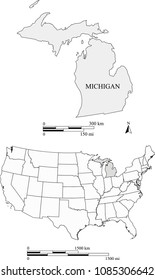 USA blank map vector outlines with highlighted state of Michigan and scales of miles and kilometers. The scales and map are accurately prepared by a map expert for educational purposes.