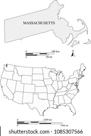 USA blank map vector outlines with highlighted state of Massachusetts and scales of miles and kilometers. The scales and map are accurately prepared by a map expert for educational purposes.