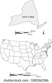 USA blank map vector outlines with highlighted state of New York and scales of miles and kilometers. The scales and map are accurately prepared by a map expert for educational purposes.