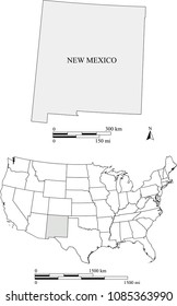 USA blank map vector outlines with highlighted state of New Mexico and scales of miles and kilometers. The scales and map are accurately prepared by a map expert for educational purposes.