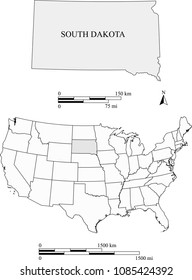 USA blank map vector outlines with highlighted state of South Dakota and scales of miles and kilometers. The scales and map are accurately prepared by a map expert for educational purposes.