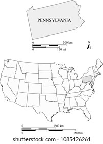 USA blank map vector outlines with highlighted state of Pennsylvania and scales of miles and kilometers. The scales and map are accurately prepared by a map expert for educational purposes.