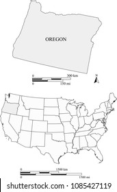 USA blank map vector outlines with highlighted state of Oregon and scales of miles and kilometers. The scales and map are accurately prepared by a map expert for educational purposes.