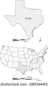 USA blank map vector outlines with highlighted state of Texas and scales of miles and kilometers. The scales and map are accurately prepared by a map expert for educational purposes.