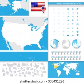 USA blind map navigation set and travel icons.