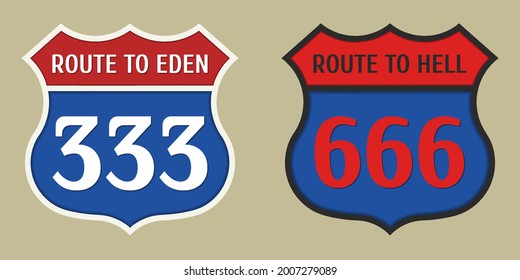 USA blue-red road signs. The route to Hell 666 and the route to Eden 333