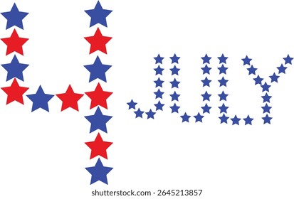 USA border, American flag stars banner, 4th July decoration, Creative 4th of July text made from red and blue patriotic stars. Perfect vector graphic for USA Independence Day celebrations, national 