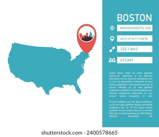 USA Boston map shape vector infographics template. Modern United States of America, Massachusetts state city data statistic illustration, graphic, layout