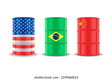 USA, Brazil, China Oil Barrels. Vector 3d Realistic Metal Enamel Oil Barrel Isolated. Crude, Oil Barrel Design Template