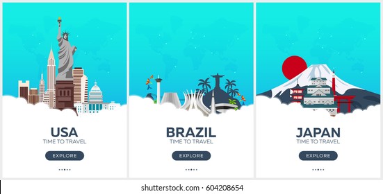 USA, Brazil, Japan. Time to travel. Set of Travel posters. Vector flat illustration