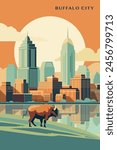 USA Buffalo city retro poster with abstract shapes of cityscape, skyline, skyscrapers and bison in park. Vintage New York State, Unites States of America town travel vector illustration	