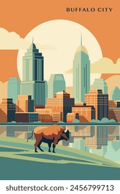 USA Buffalo city retro poster with abstract shapes of cityscape, skyline, skyscrapers and bison in park. Vintage New York State, Unites States of America town travel vector illustration	