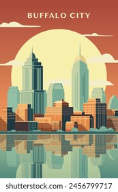 USA Buffalo city retro poster with abstract shapes of cityscape, skyline, skyscrapers, buildings at sunrise, sunset. Vintage New York State, Unites States of America town travel vector illustration	