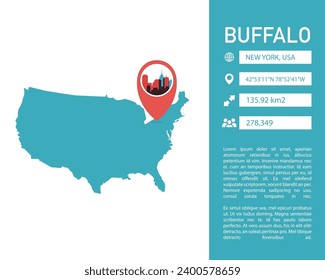 USA Buffalo map shape vector infographics template. Modern United States of America, New York state city data statistic illustration, graphic, layout