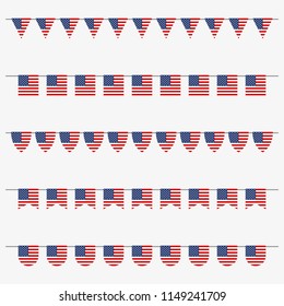 USA bunting and garland set with American flags. US flags decoration for celebrate, party or festival. Memorial Day, 4th of July Independence Day, Veterans Day decoration. Vector illustration. 