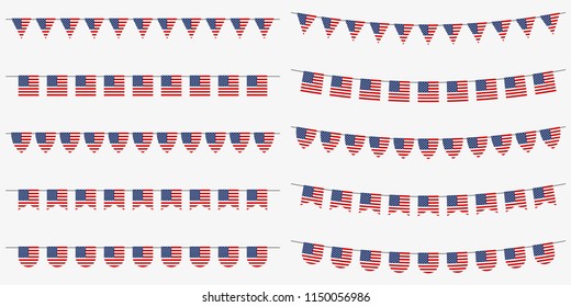 USA bunting and garland set with American flags. US flags decoration for celebrate, party or festival. Memorial Day, 4th of July Independence Day, Veterans Day decoration. Vector illustration. 