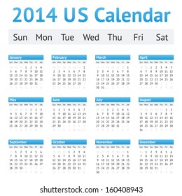 USA Calendar 2014. Week starting on Sunday