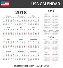 USA Calendar for 2018, 2019 and 2020. Scheduler, agenda or diary template. Week starts on Sunday