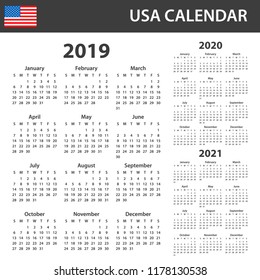 USA Calendar for 2019, 2020 and 2021. Scheduler, agenda or diary template. Week starts on Sunday