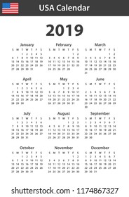 USA Calendar for 2019. Scheduler, agenda or diary template. Week starts on Sunday