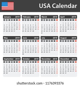 USA Calendar for 2019. Scheduler, agenda or diary template. Week starts on Sunday