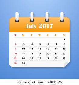 USA Calendar for July 2017. Week starts on Sunday.
