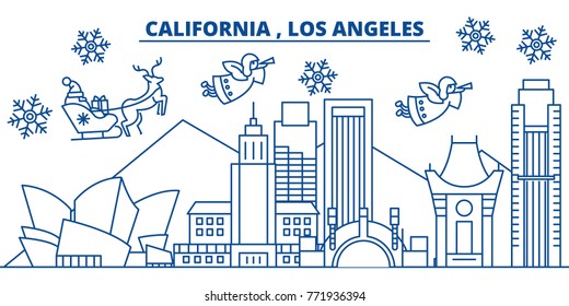 USA, California, Los Angeles winter city skyline. Merry Christmas and Happy New Year decorated banner. Winter greeting card with snow and Santa Claus. Flat, line vector. Linear christmas illustration