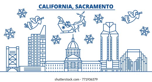 USA, California, Sacramento winter city skyline. Merry Christmas and Happy New Year decorated banner. Winter greeting card with snow and Santa Claus. Flat, line vector. Linear christmas illustration