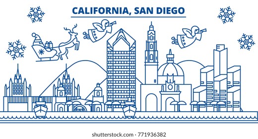 USA, California, San Diego winter city skyline. Merry Christmas and Happy New Year decorated banner. Winter greeting card with snow and Santa Claus. Flat, line vector. Linear christmas illustration