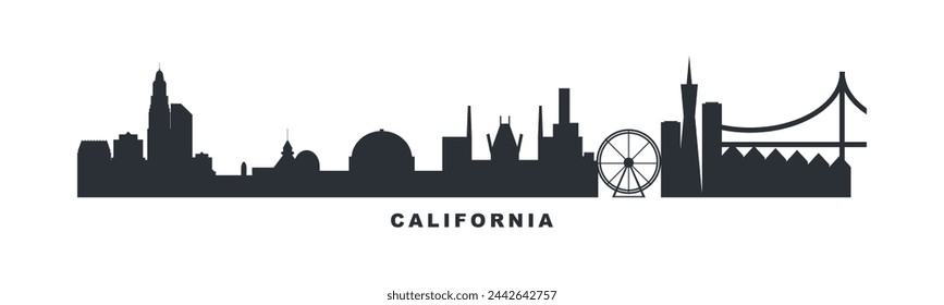 USA California state skyline with cities panorama. Vector flat banner, logo for America region. Los Angeles, San Francisco, San Diego silhouette for footer, steamer, header. Isolated graphic