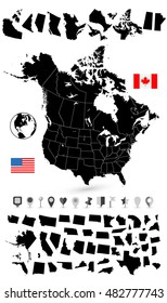 USA and Canada black blank map with it's states and flat navigation set