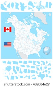 USA and Canada blank map with water objects and it's states.