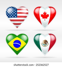 USA, Canada, Brazil and Mexico heart flag set of American states as collection of isolated vector state flags icon elements on white