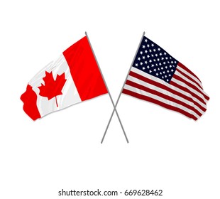 USA and Canada crossed flags waving in the wind as sign of cooperation or sport competition or diplomatic meeting event.Vector illustration.