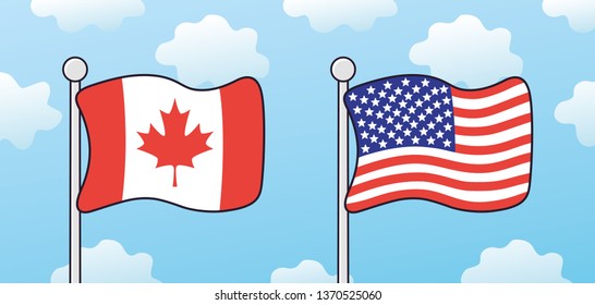 USA and Canada flags in sky, American Canadian friendship and cooperation.