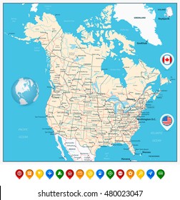 USA and Canada large detailed political map with map pointers, states, provinces and capital cities in USA and Canada.