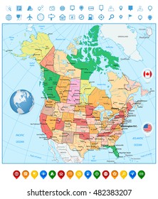 USA and Canada large detailed political map and colorful map pointers