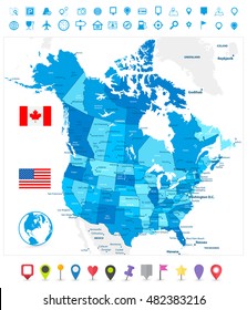 USA and Canada large detailed political map in colors of blue and map pointers