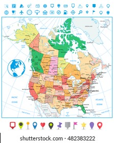USA and Canada large detailed political map with roads, navigation icons and water objects isolated on white.