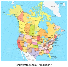 USA and Canada large detailed political map