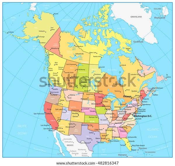 Usa Canada Large Detailed Political Map Stock Vector Royalty Free