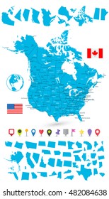 USA and Canada large map and it's states with flat map pointers