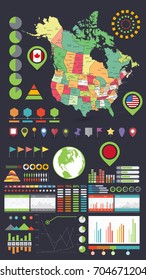 USA and Canada map and Infographics design elements. Business template in flat style for presentation, booklet, website and other creative projects.