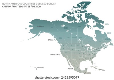 USA, Canada, Mexico border map.
North America countries vector map.