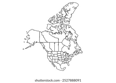 Grenzübersicht USA, Kanada, Mexiko. Nordamerika Länder Vektorgrafik..lineare Doodle-Illustration.