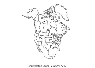 USA, Canada, Mexico border map. North America countries vector map.line art vector illustration, line drawing map.