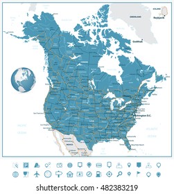 USA and Canada road map and navigation icons with states, provinces and capital cities in USA and Canada.
