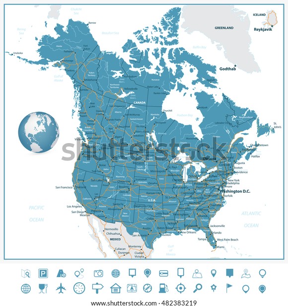 Stock Vektor Usa A Kanada Cestovni Mapa A Bez Autorskych Poplatku 482383219