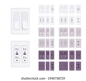 USA, Canada socket, wall light switch with wallplate set. American standard power special electric elements. Vector flat style cartoon illustration isolated, white background, different colors, view