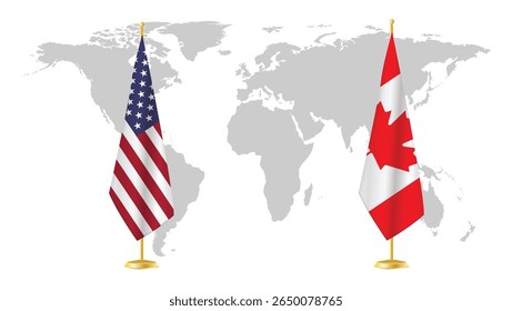Os EUA e o Canadá exibem bandeiras no fundo do mapa mundial. Simbólico de relações diplomáticas, unidade e parceria norte-americana. Design de conceito internacional renderizado em 3D.